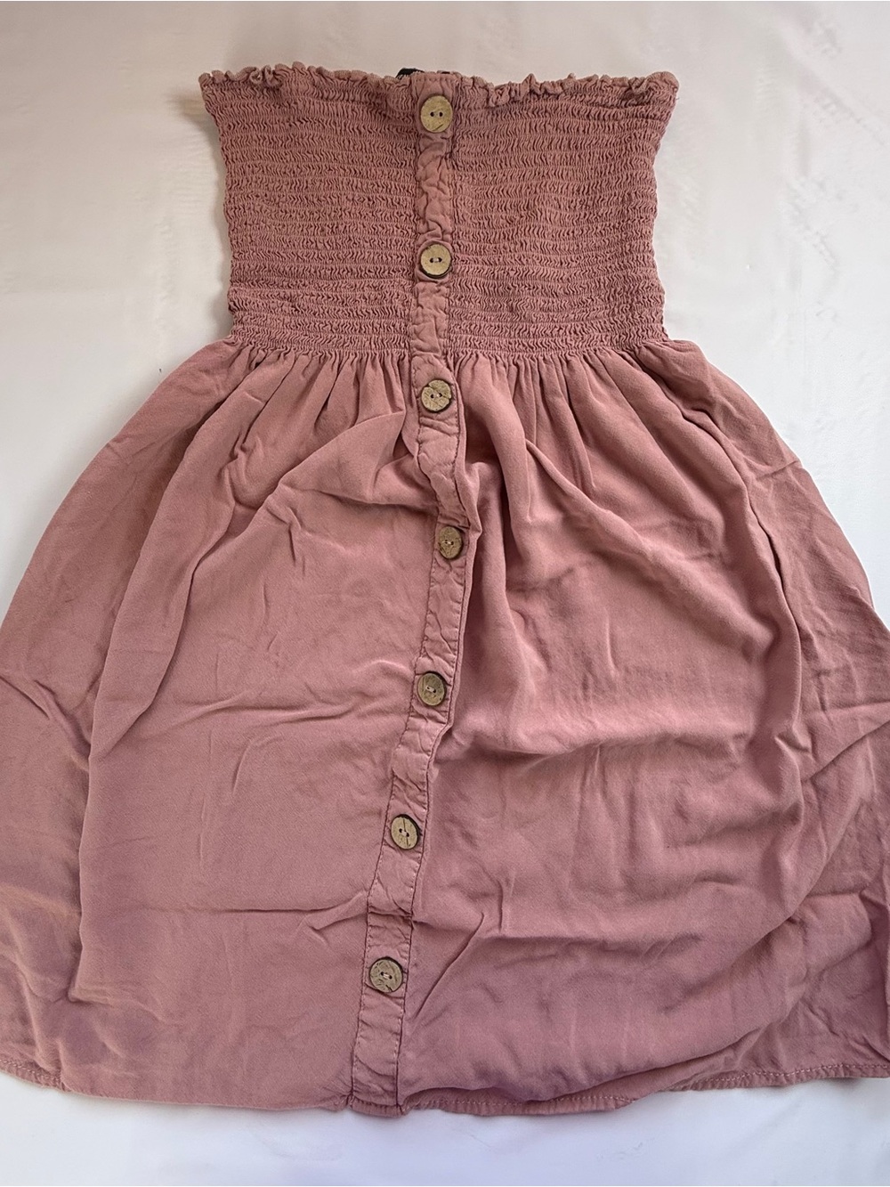 Ambiance Women’s S Dusty Rose Smocked Strapless Button Front Rayon Midi Dress - Picture 5 of 6